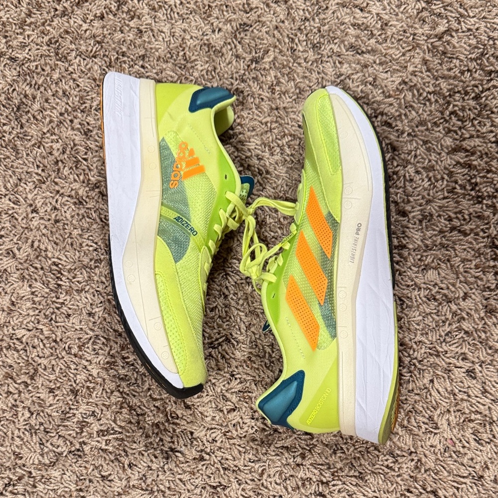 Adidas Neon Green Adizero Boston 10 Shoes with Orange and Blue Accents size 10.5